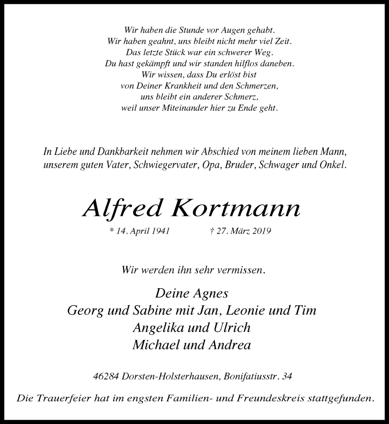  Traueranzeige für Alfred Kortmann vom 03.04.2019 aus Ruhr Nachrichten und Dorstener Zeitung