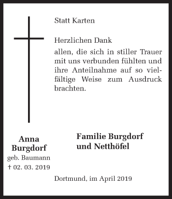 Traueranzeige von Anna Burgdorf von Ruhr Nachrichten