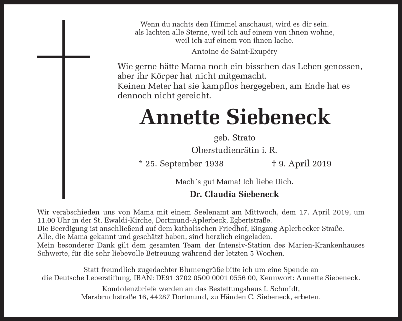  Traueranzeige für Annette Siebeneck vom 13.04.2019 aus Ruhr Nachrichten