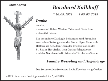 Traueranzeige von Bernhard Kalkhoff von Ruhr Nachrichten und Halterner Zeitung