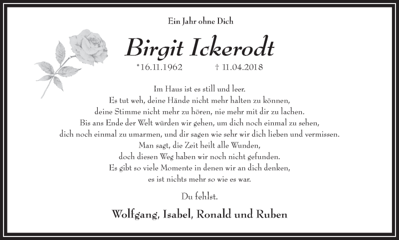  Traueranzeige für Birgit Ickerodt vom 11.04.2019 aus Ruhr Nachrichten