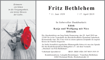 Traueranzeige von Fritz Bethlehem von Ruhr Nachrichten