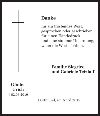 Traueranzeige von Günter Urich von Ruhr Nachrichten