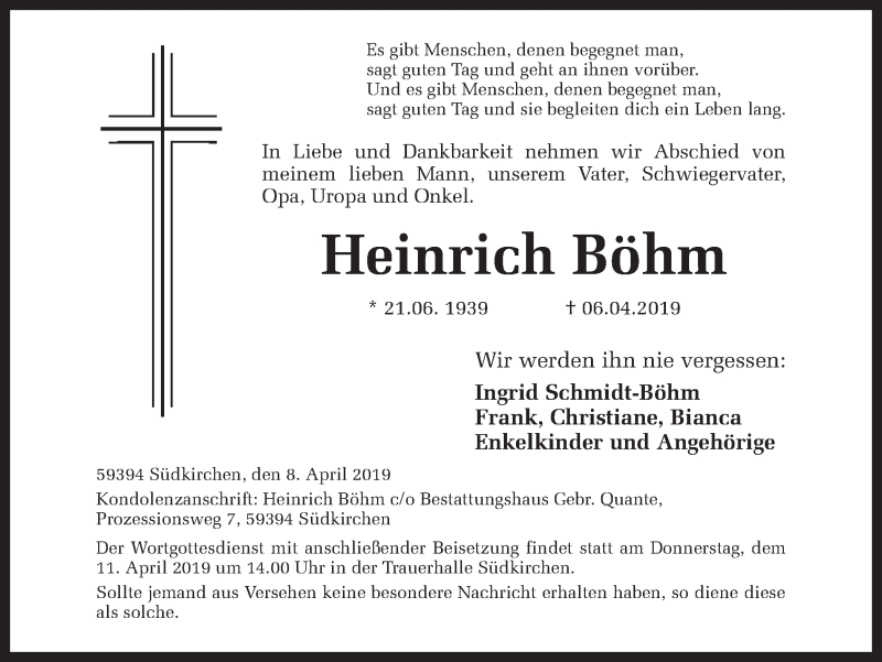  Traueranzeige für Heinrich Böhm vom 09.04.2019 aus Ruhr Nachrichten