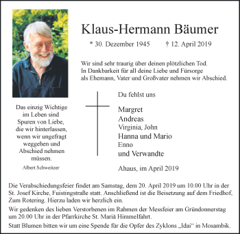 Traueranzeigen von Klaus-Hermann Bäumer | sich-erinnern.de