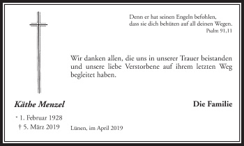 Traueranzeige von Käthe Menzel von Ruhr Nachrichten