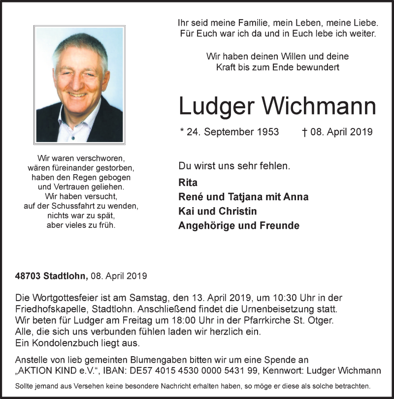  Traueranzeige für Ludger Wichmann vom 11.04.2019 aus Münstersche Zeitung und Münsterland Zeitung