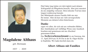 Traueranzeige von Magdalene Althaus von Münstersche Zeitung und Münsterland Zeitung