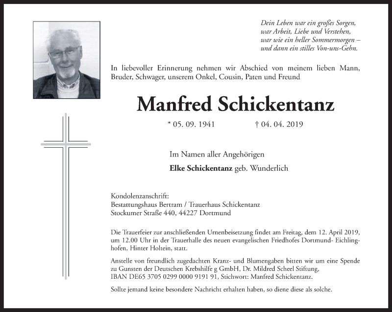  Traueranzeige für Manfred Schickentanz vom 09.04.2019 aus Ruhr Nachrichten