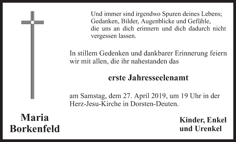  Traueranzeige für Maria Borkenfeld vom 25.04.2019 aus Ruhr Nachrichten und Dorstener Zeitung