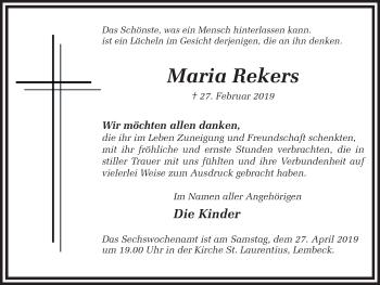 Traueranzeige von Maria Rekers von Ruhr Nachrichten und Dorstener Zeitung