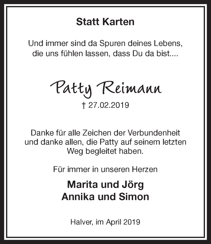  Traueranzeige für Patty Reimann vom 06.04.2019 aus Ruhr Nachrichten