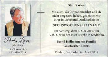 Traueranzeige von Paula Levers von Münstersche Zeitung und Münsterland Zeitung