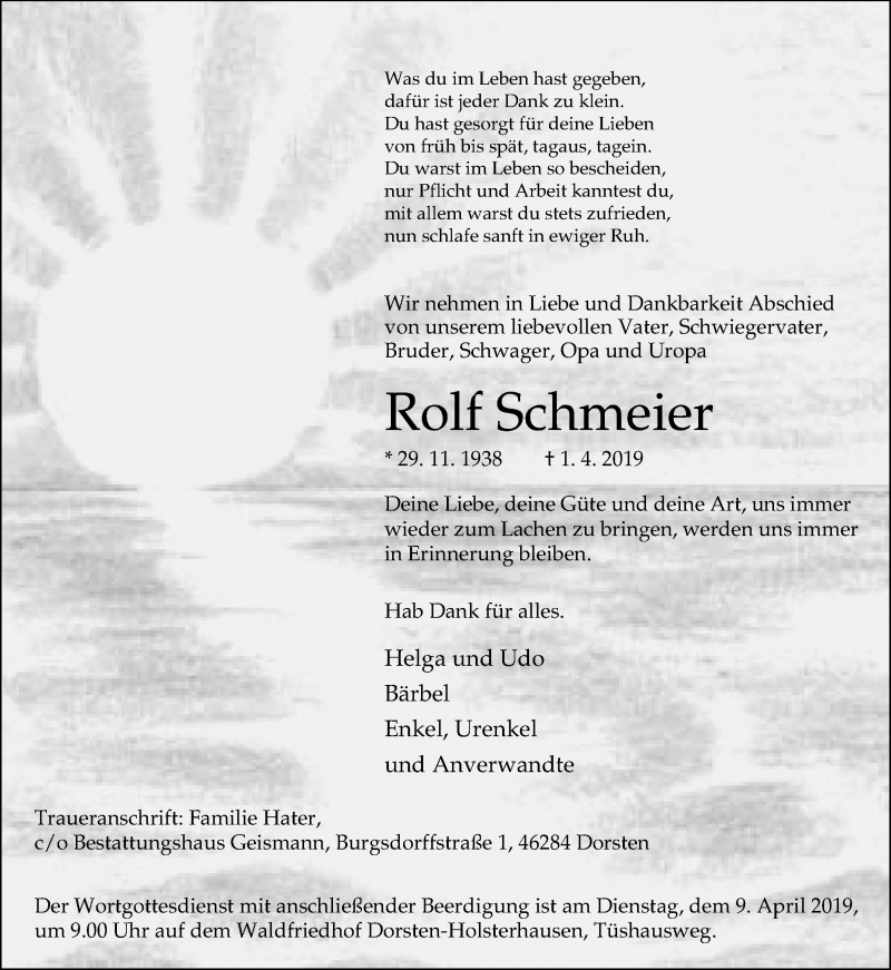  Traueranzeige für Rolf Schmeier vom 05.04.2019 aus Ruhr Nachrichten und Dorstener Zeitung