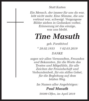 Traueranzeige von Tine Masuth von Ruhr Nachrichten