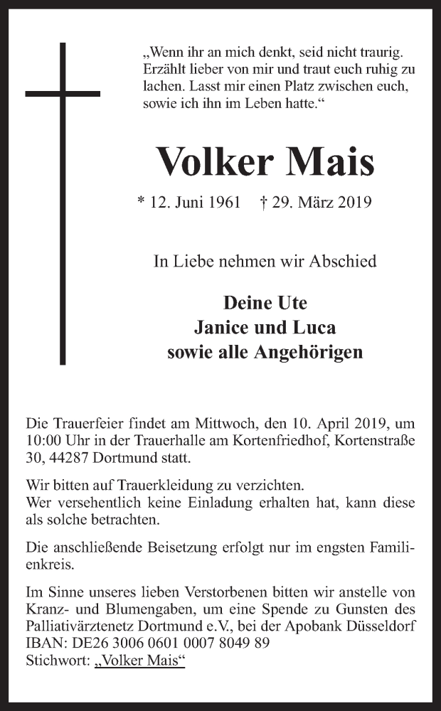  Traueranzeige für Volker Mais vom 02.04.2019 aus Ruhr Nachrichten