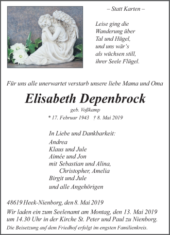 Traueranzeige von Elisabeth Depenbrock von Münstersche Zeitung und Münsterland Zeitung