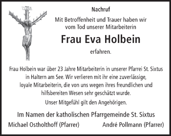 Traueranzeige von Eva Holbein von Ruhr Nachrichten und Halterner Zeitung