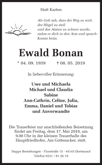 Traueranzeige von Ewald Bonan von Ruhr Nachrichten