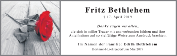 Traueranzeige von Fritz Bethlehem von Ruhr Nachrichten