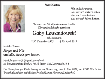 Traueranzeige von Gaby Lewandowski von Ruhr Nachrichten