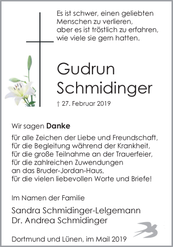 Traueranzeige von Gudrun Schmidinger von Ruhr Nachrichten