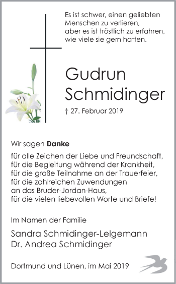 Traueranzeige von Gudrun Schmidinger von Ruhr Nachrichten