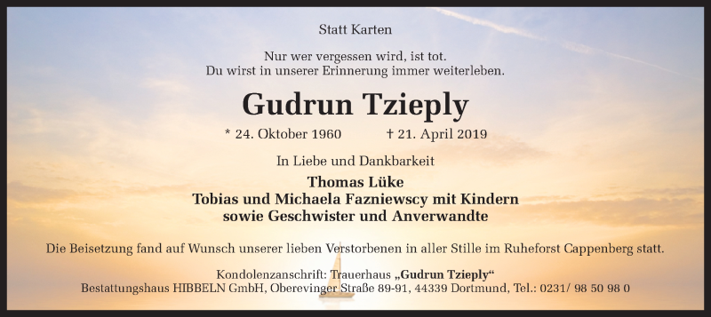  Traueranzeige für Gudrun Tzieply vom 04.05.2019 aus Ruhr Nachrichten