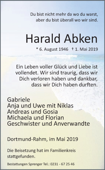 Traueranzeige von Harald Abken von Ruhr Nachrichten
