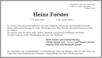 Traueranzeige von Heinz Forster von Ruhr Nachrichten