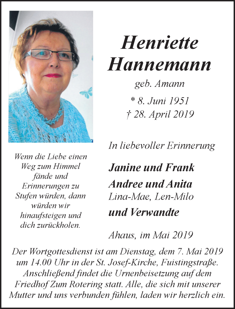  Traueranzeige für Henriette Hannemann vom 04.05.2019 aus Münstersche Zeitung und Münsterland Zeitung