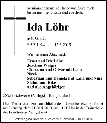 Traueranzeige von Ida Löhr von Ruhr Nachrichten