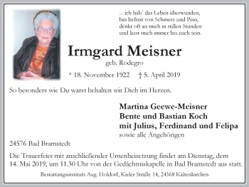 Traueranzeige von Irmgard Meisner von Münstersche Zeitung und Münsterland Zeitung