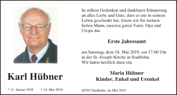 Traueranzeige von Karl Hübner von Münstersche Zeitung und Münsterland Zeitung