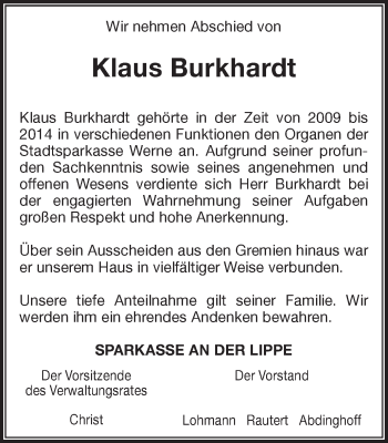 Traueranzeige von Klaus Burkhardt von Ruhr Nachrichten