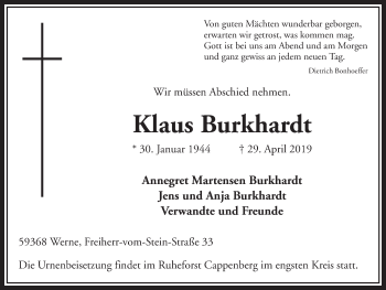 Traueranzeige von Klaus Burkhardt von Ruhr Nachrichten