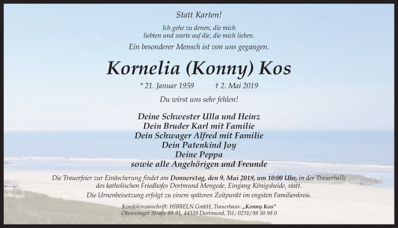  Traueranzeige für Kornelia Kos vom 08.05.2019 aus Ruhr Nachrichten