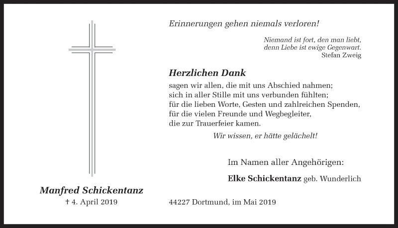  Traueranzeige für Manfred Schickentanz vom 15.05.2019 aus Ruhr Nachrichten