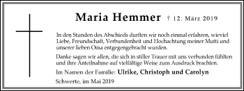 Traueranzeige von Maria Hemmer von Ruhr Nachrichten