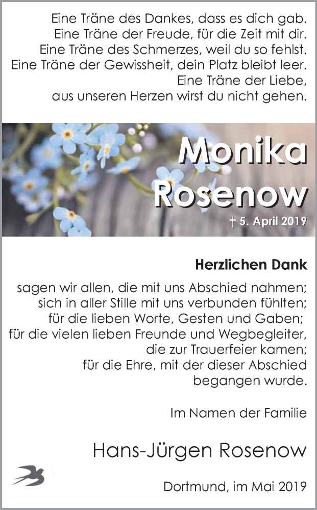  Traueranzeige für Monika Rosenow vom 11.05.2019 aus Ruhr Nachrichten