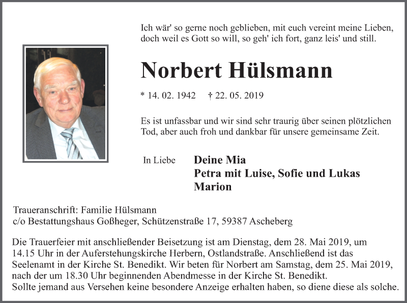  Traueranzeige für Norbert Hülsmann vom 24.05.2019 aus Ruhr Nachrichten