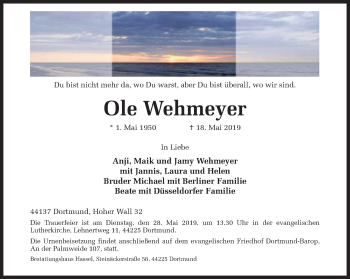 Traueranzeige von Ole Wehmeyer von Ruhr Nachrichten