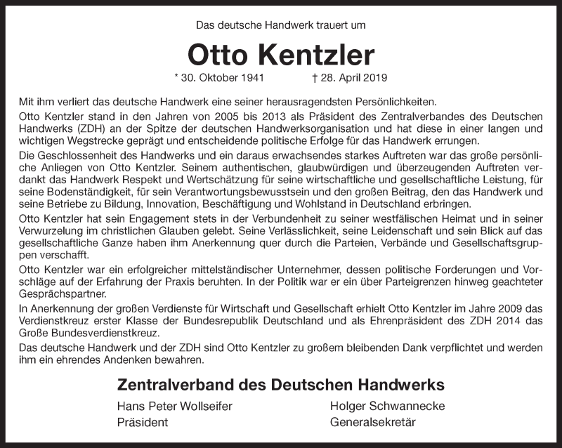  Traueranzeige für Otto Kentzler vom 04.05.2019 aus Ruhr Nachrichten