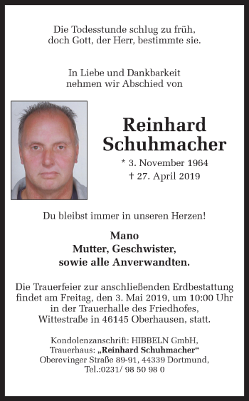 Traueranzeige von Reinhard Schuhmacher von Ruhr Nachrichten