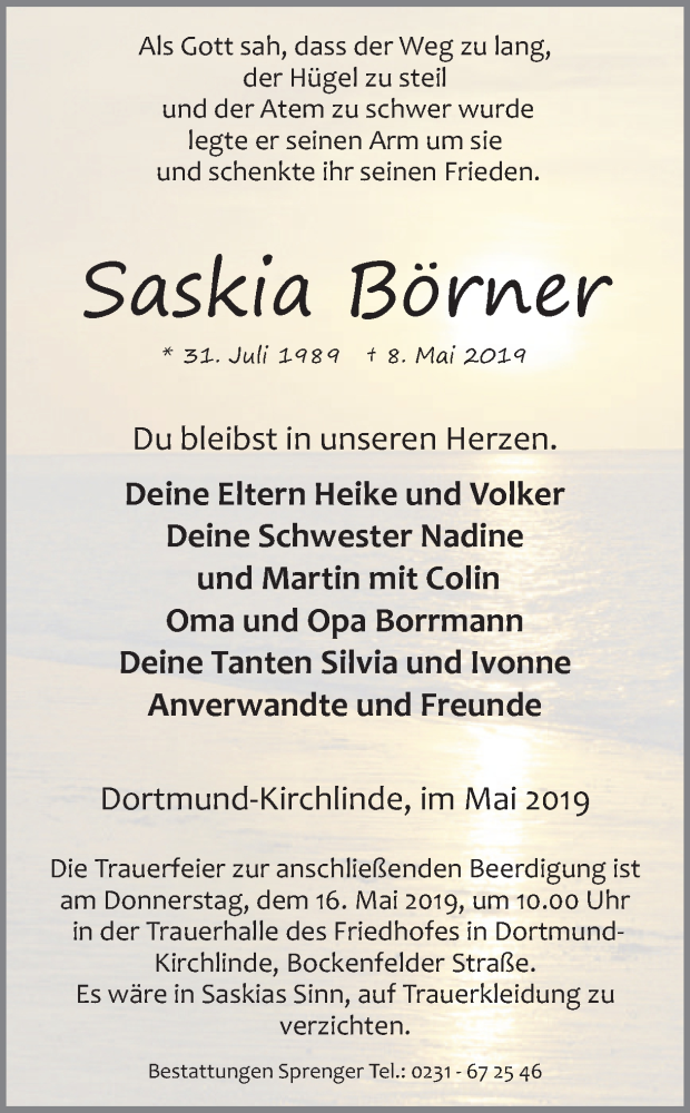  Traueranzeige für Saskia Börner vom 11.05.2019 aus Ruhr Nachrichten