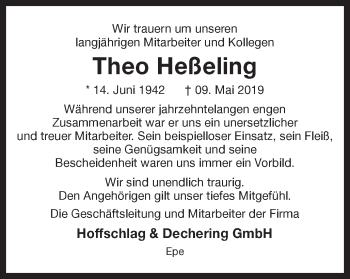 Traueranzeige von Theo Heßeling von Münstersche Zeitung und Münsterland Zeitung