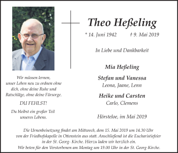 Traueranzeige von Theo Heßeling von Münstersche Zeitung und Münsterland Zeitung