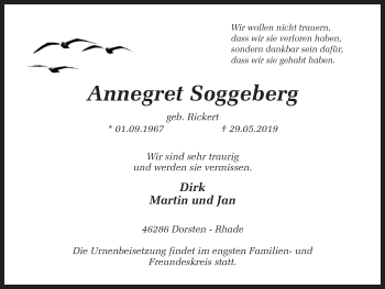 Traueranzeige von Annegret Soggeberg von Ruhr Nachrichten und Dorstener Zeitung