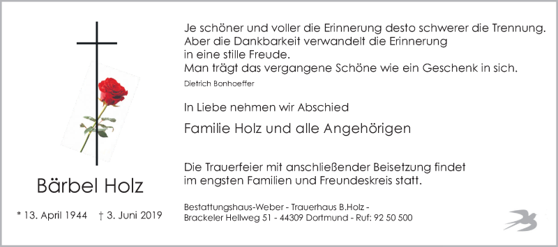  Traueranzeige für Bärbel Holz vom 08.06.2019 aus Ruhr Nachrichten