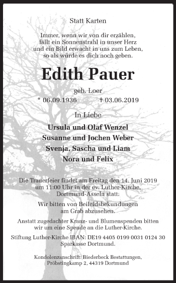 Traueranzeige von Edith Pauer von Ruhr Nachrichten